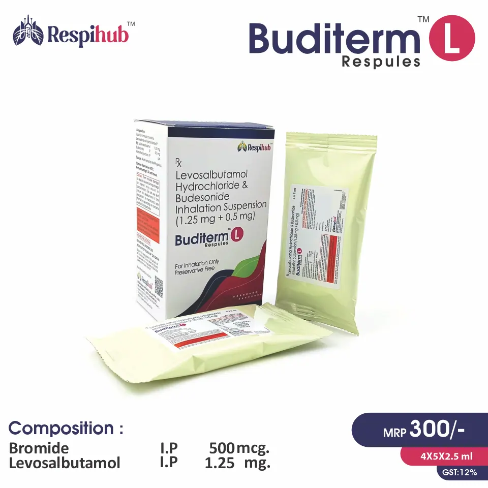 Levosalbutamol (1.25mg) + Budesonide (0.5mg) at the best price in PCD Pharma Franchise for Bronchodilator and Asthma and COPD Management.